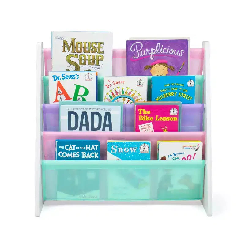 Libreria/scaffale contenitore per bambini a 4 ripiani (bianco/toni pastello delicati) — Libreria compatta per camerette, realizzata in MDF.