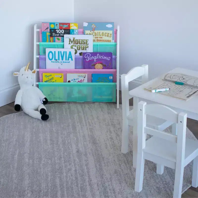 4-Tier Children's Bookshelf/Storage Rack (White/Soft Pastel Tones) — Compact bookshelf for children's rooms, made of MDF.