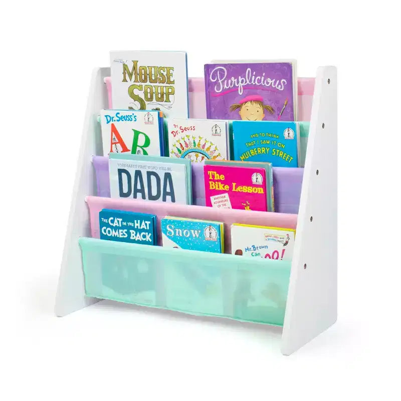 4-Tier Children's Bookshelf/Storage Rack (White/Soft Pastel Tones) — Compact bookshelf for children's rooms, made of MDF.