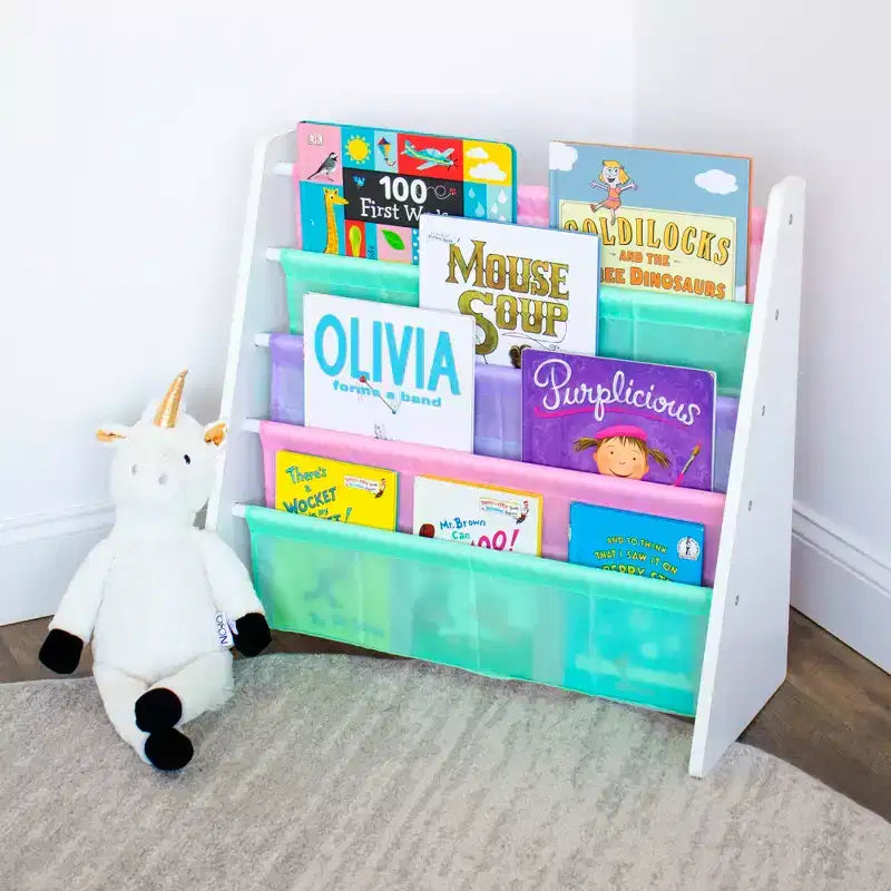 4-Tier Children's Bookshelf/Storage Rack (White/Soft Pastel Tones) — Compact bookshelf for children's rooms, made of MDF.