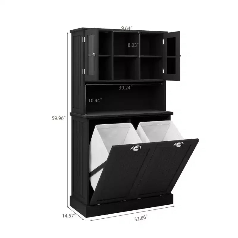 32.68 in. W. x 14.57 in. D x 59.69 in. H Black Freestanding Tilt-Out Linen Cabinet with Adjustable Shelves