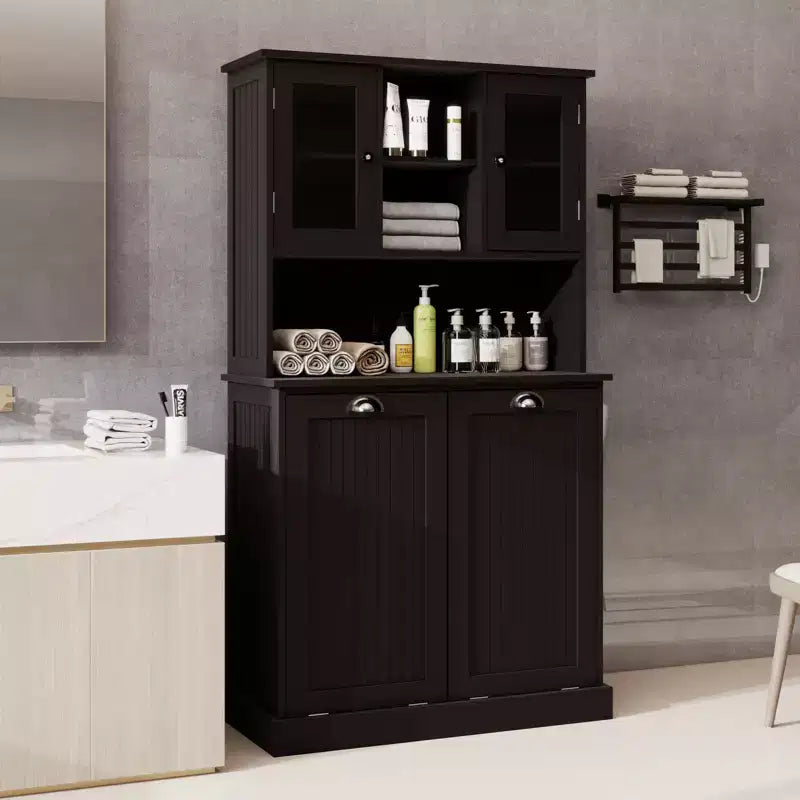 32.68 in. W. x 14.57 in. D x 59.69 in. H Black Freestanding Tilt-Out Linen Cabinet with Adjustable Shelves
