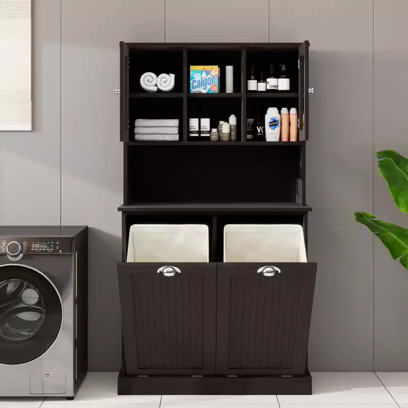 32.68 in. W. x 14.57 in. D x 59.69 in. H Black Freestanding Tilt-Out Linen Cabinet with Adjustable Shelves