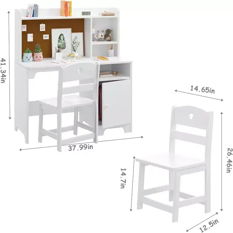 Set scrivania e sedia per bambini, scrivania in legno con alzata, mobile contenitore, scrittoio e postazione computer per cameretta e studio, bianco