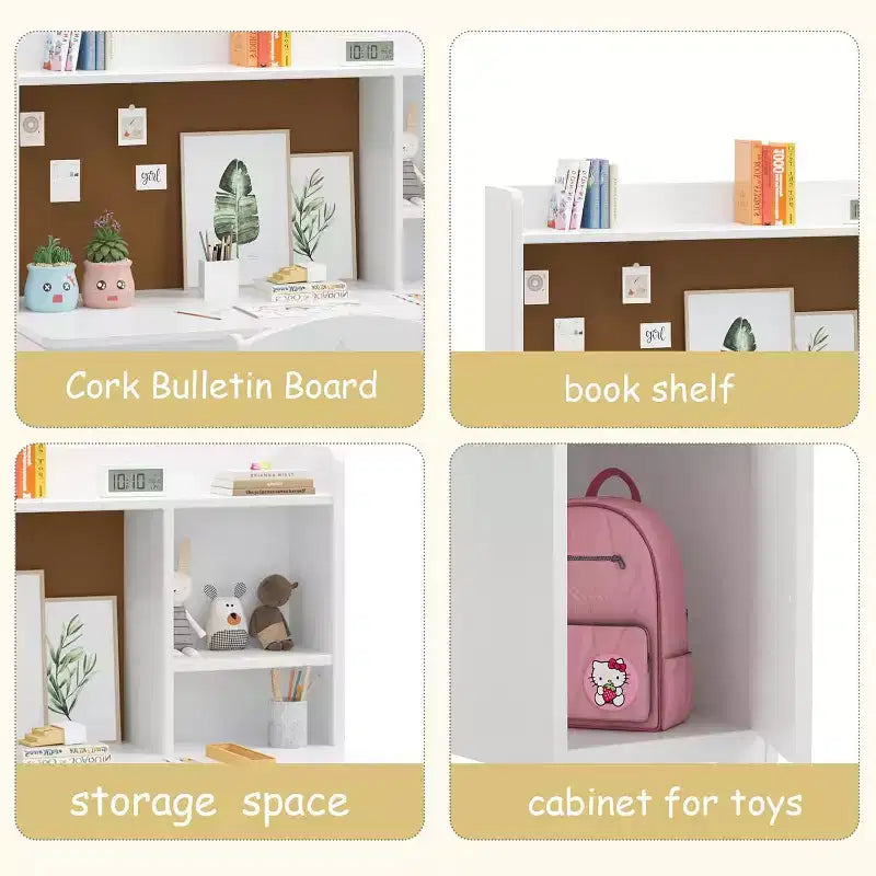 Set scrivania e sedia per bambini, scrivania in legno con alzata, mobile contenitore, scrittoio e postazione computer per cameretta e studio, bianco