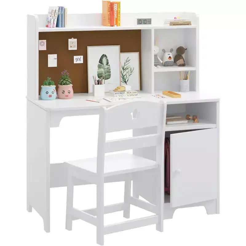 Set scrivania e sedia per bambini, scrivania in legno con alzata, mobile contenitore, scrittoio e postazione computer per cameretta e studio, bianco