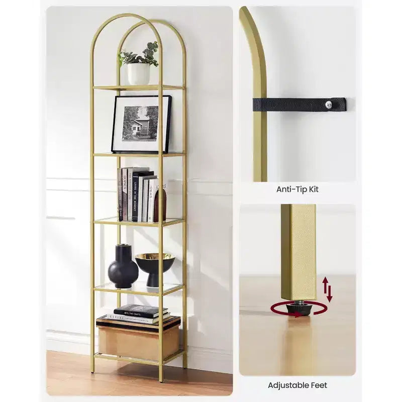 5-Tier Shelf, Tempered Glass Shelving Unit, Arched Design