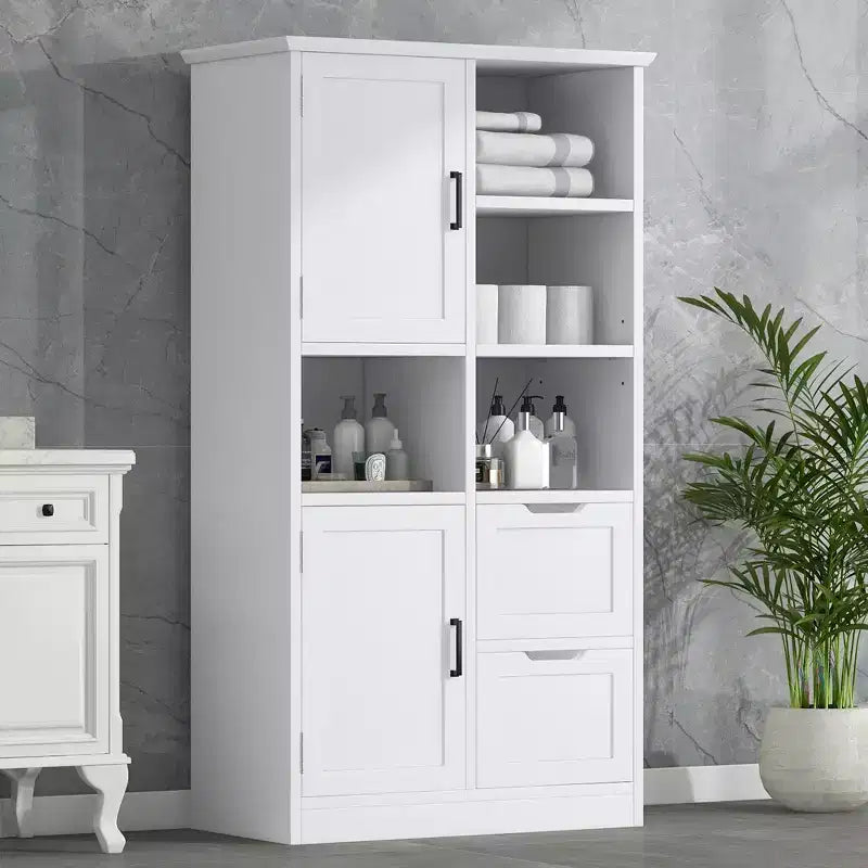 White Bathroom Storage Cabinet, Freestanding Style Cabinet with Multiple Storage Space and Open Shelf