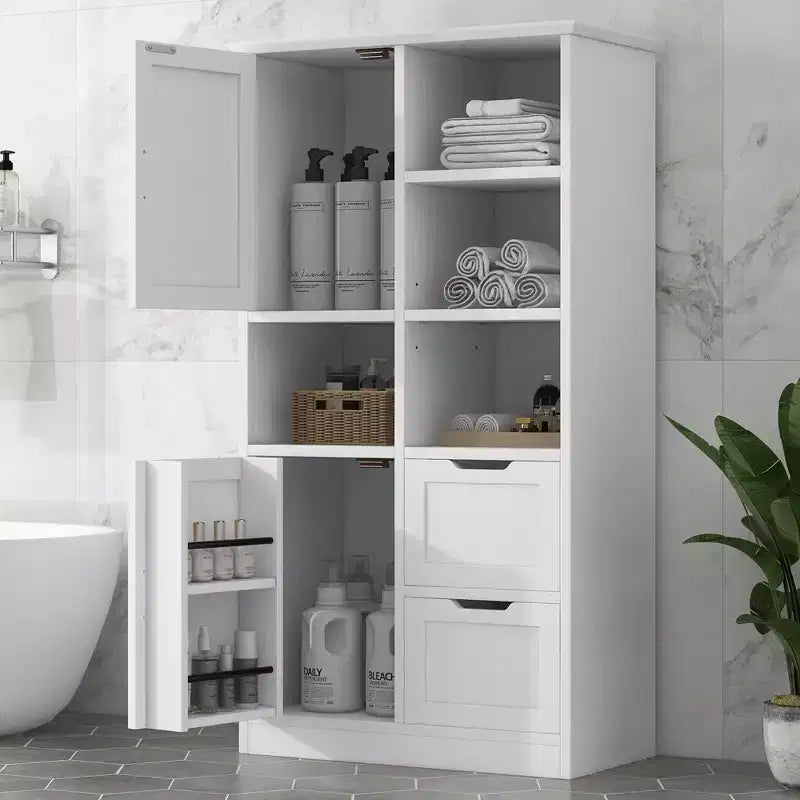 White Bathroom Storage Cabinet, Freestanding Style Cabinet with Multiple Storage Space and Open Shelf