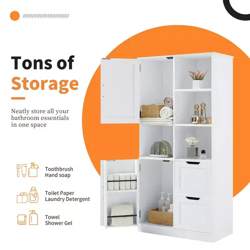 White Bathroom Storage Cabinet, Freestanding Style Cabinet with Multiple Storage Space and Open Shelf
