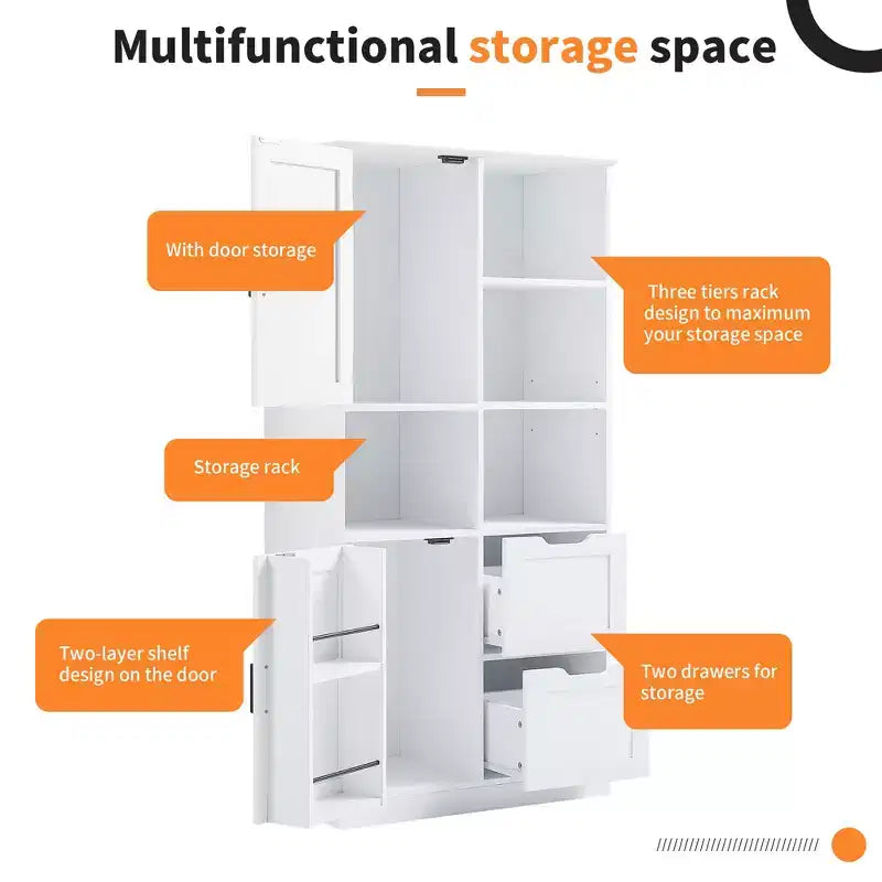 White Bathroom Storage Cabinet, Freestanding Style Cabinet with Multiple Storage Space and Open Shelf