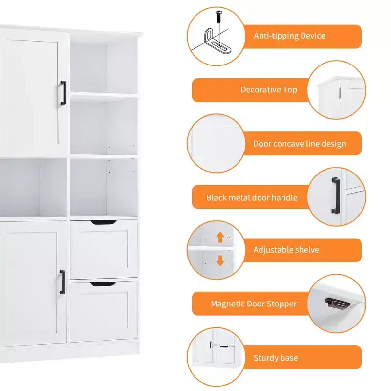 White Bathroom Storage Cabinet, Freestanding Style Cabinet with Multiple Storage Space and Open Shelf