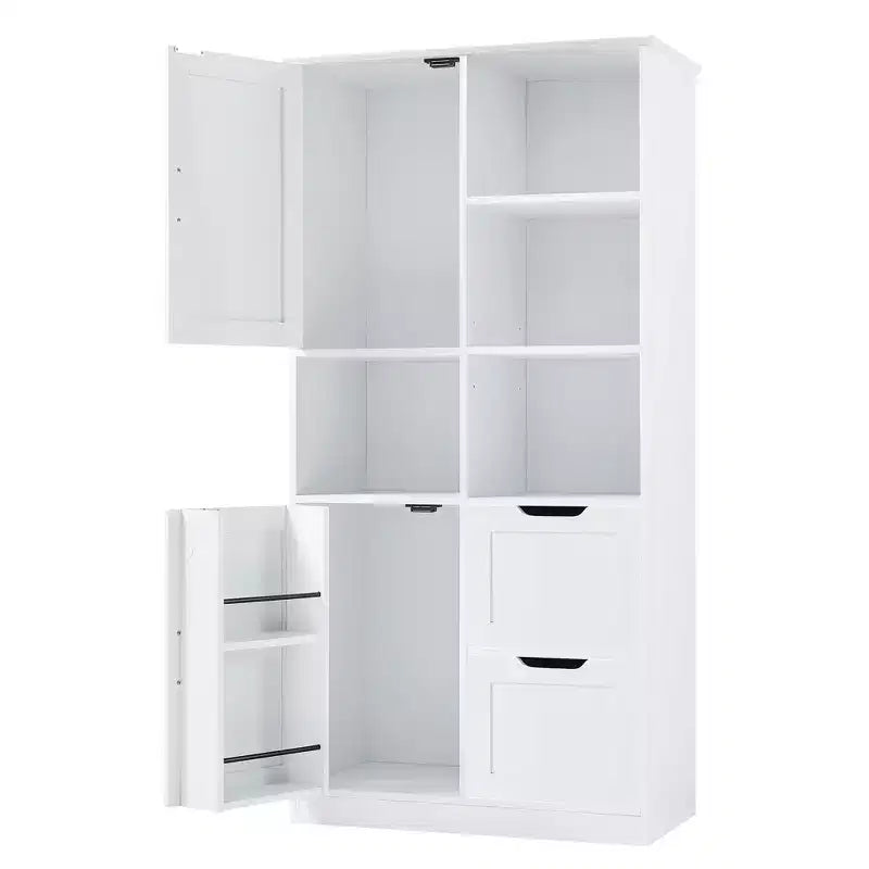 White Bathroom Storage Cabinet, Freestanding Style Cabinet with Multiple Storage Space and Open Shelf