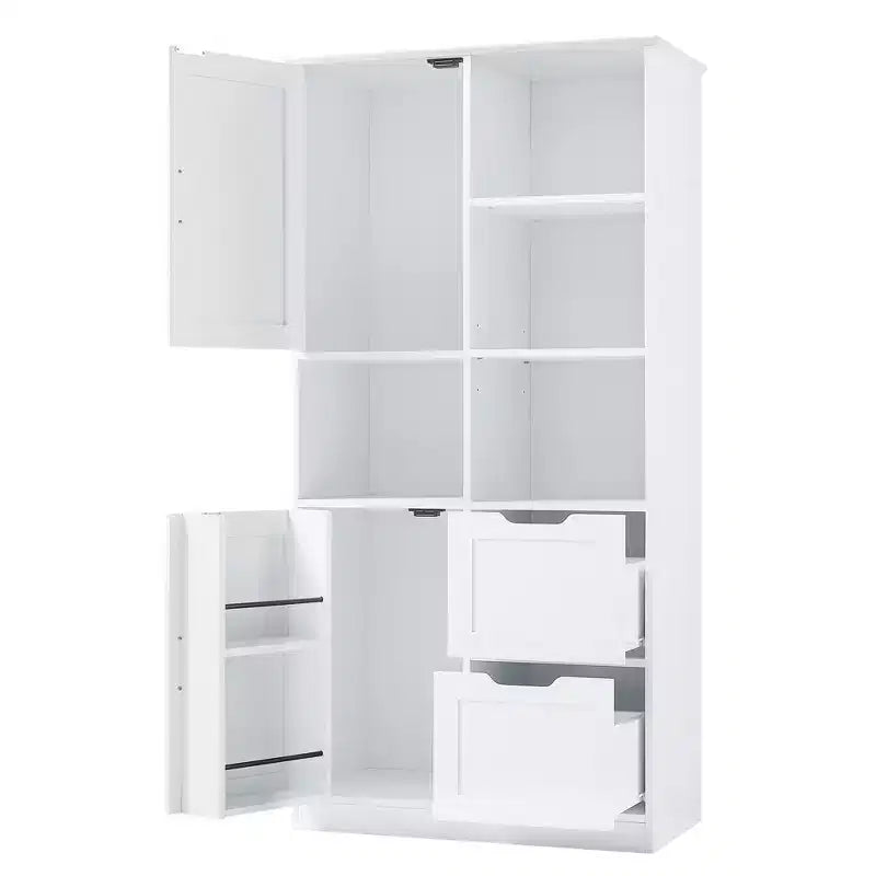 White Bathroom Storage Cabinet, Freestanding Style Cabinet with Multiple Storage Space and Open Shelf