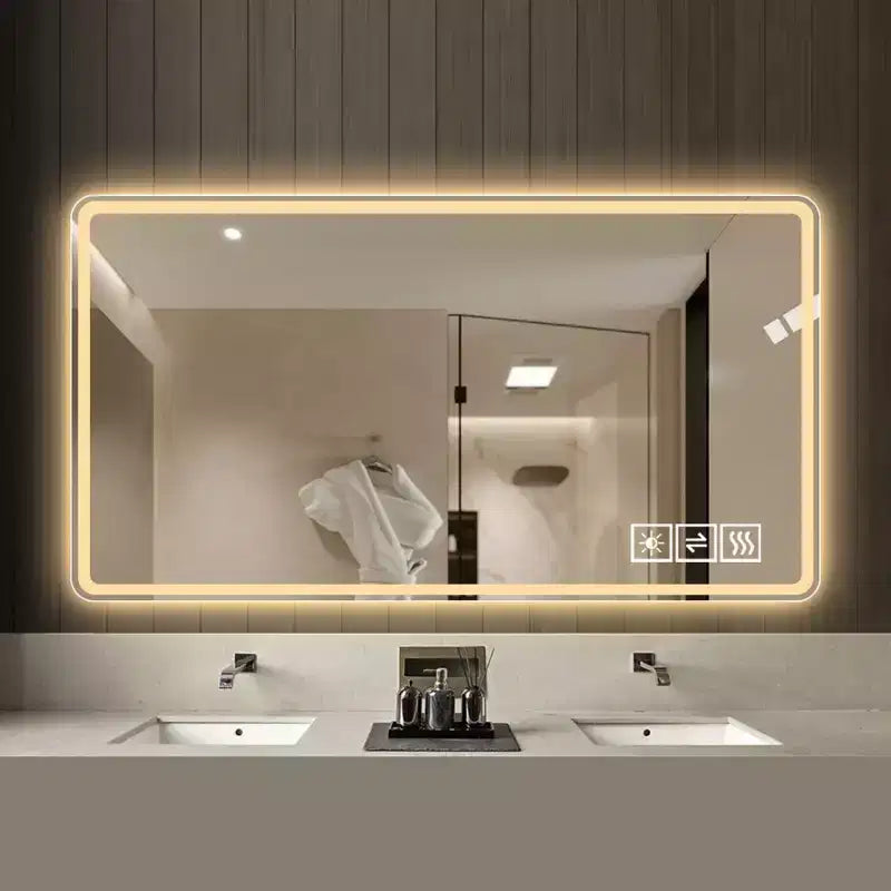 Specchio da bagno LED 48x32: 3 colori, luminosità regolabile su 5 livelli, antiappannamento, da parete, orizzontale/verticale