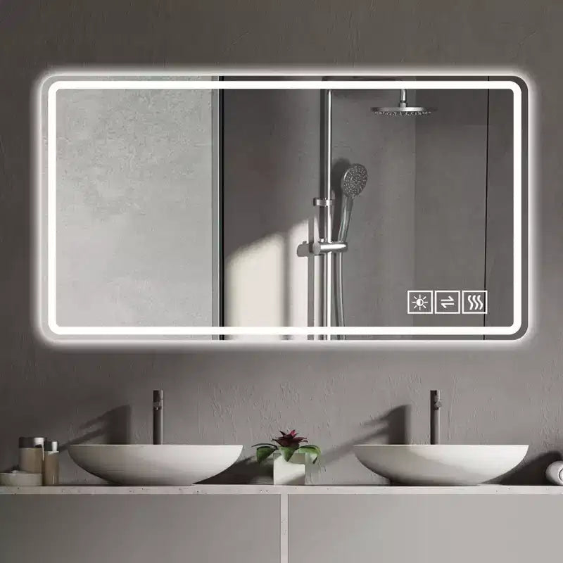 Specchio da bagno LED 48x32: 3 colori, luminosità regolabile su 5 livelli, antiappannamento, da parete, orizzontale/verticale