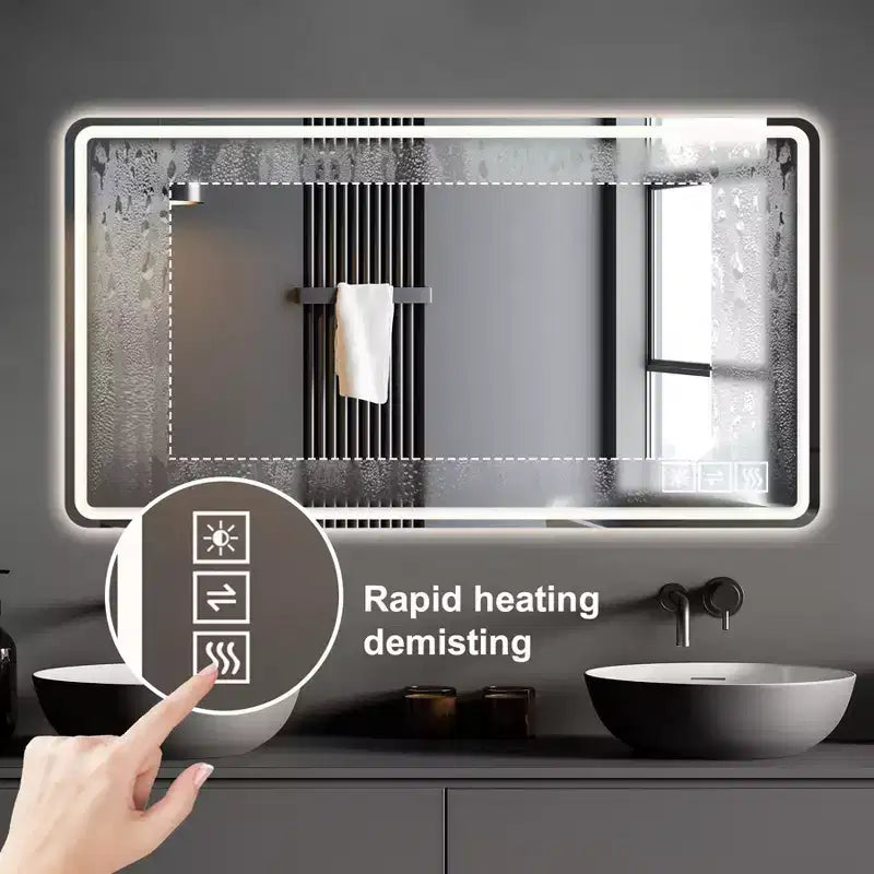 Specchio da bagno LED 48x32: 3 colori, luminosità regolabile su 5 livelli, antiappannamento, da parete, orizzontale/verticale