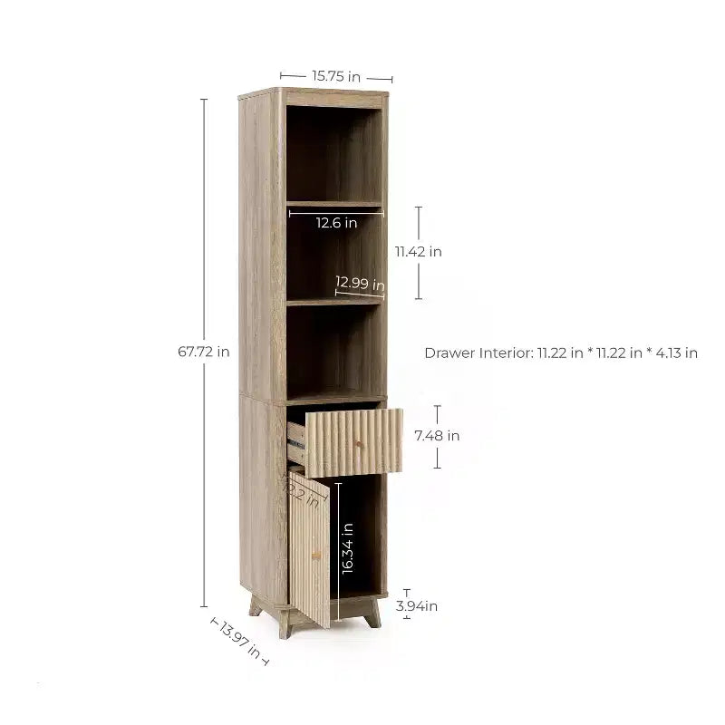 Natural Finish Wave-Patterned Manufactured Wood 1-Drawer 1-Door Bathroom Tower Cabinet Brown