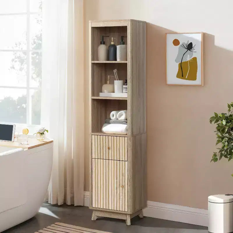 Natural Finish Wave-Patterned Manufactured Wood 1-Drawer 1-Door Bathroom Tower Cabinet Brown