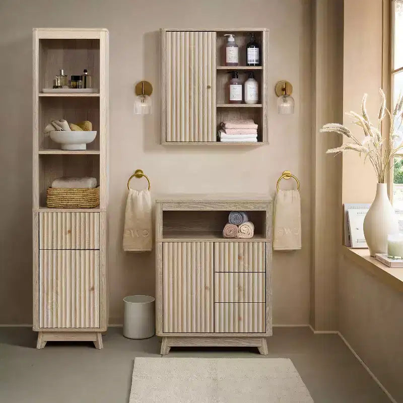 Natural Finish Wave-Patterned Manufactured Wood 1-Drawer 1-Door Bathroom Tower Cabinet Brown