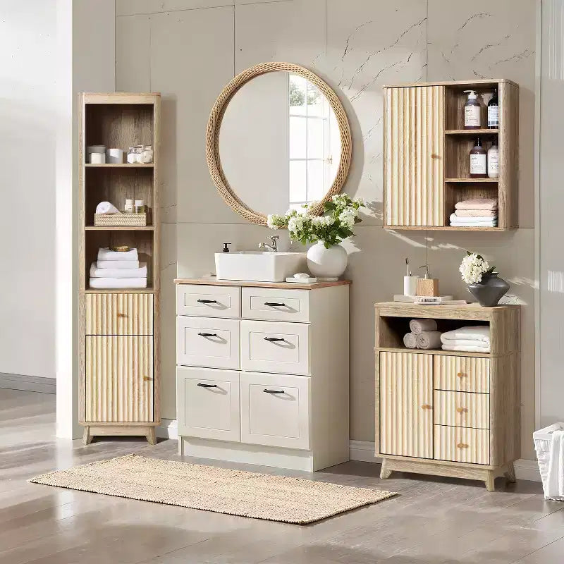 Natural Finish Wave-Patterned Manufactured Wood 1-Drawer 1-Door Bathroom Tower Cabinet Brown