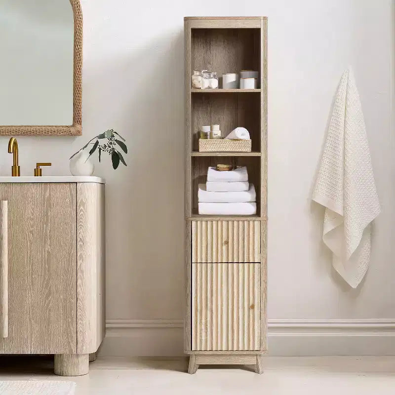 Natural Finish Wave-Patterned Manufactured Wood 1-Drawer 1-Door Bathroom Tower Cabinet Brown