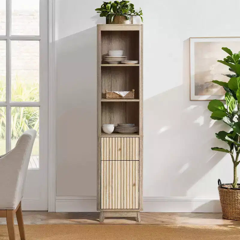 Natural Finish Wave-Patterned Manufactured Wood 1-Drawer 1-Door Bathroom Tower Cabinet Brown