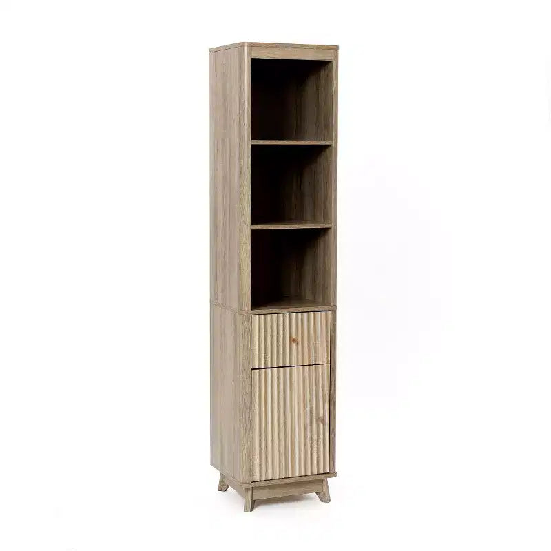 Natural Finish Wave-Patterned Manufactured Wood 1-Drawer 1-Door Bathroom Tower Cabinet Brown