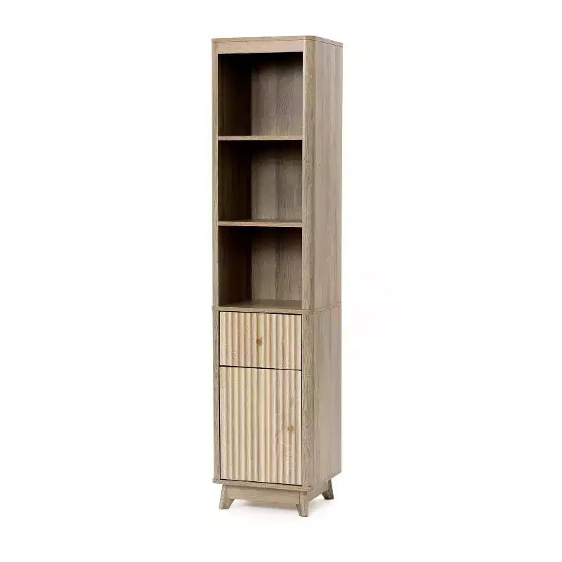 Natural Finish Wave-Patterned Manufactured Wood 1-Drawer 1-Door Bathroom Tower Cabinet Brown