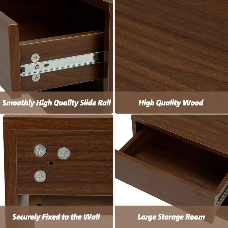 Nightstands Set of 2, Night Stand with Drawer, Floating Nightstand with Open Storage Shelf, Wall Mounted Wood Bedside Tables, Brown Walnut