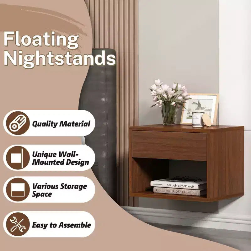 Nightstands Set of 2, Night Stand with Drawer, Floating Nightstand with Open Storage Shelf, Wall Mounted Wood Bedside Tables, Brown Walnut