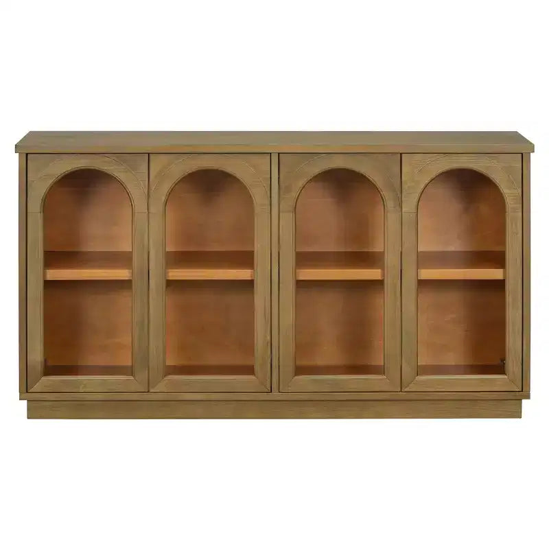 4-Door Sideboard Cabinet with Glass Doors, Large Storage Sideboard with Adjustable Shelves for Kitchen and Dining Room, Old Pine