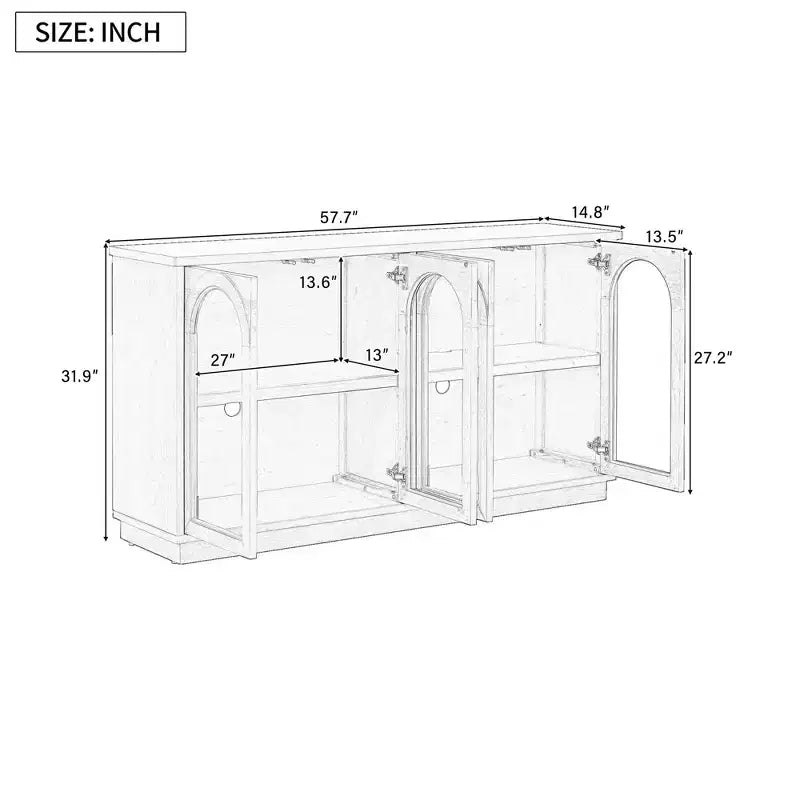 Credenza a 4 ante con ante in vetro, ampia credenza contenitore con ripiani regolabili per cucina e sala da pranzo, pino antico
