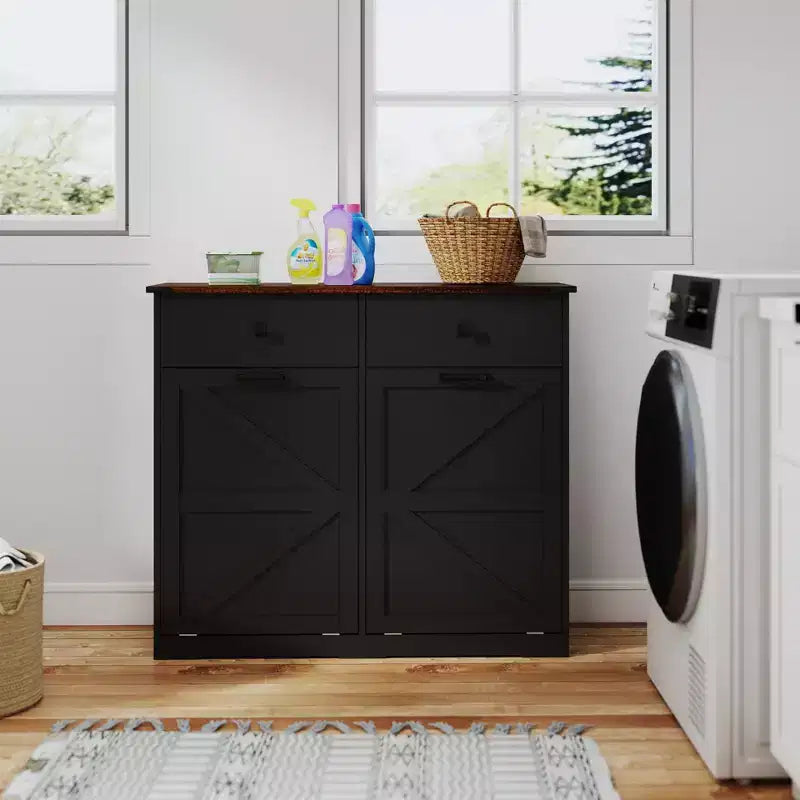 Farmhouse Double Storage Cabinet with 4 Drawers, Free Standing Cabinet, Barn Door Style Laundry Sorter Cabinet for Kitchen