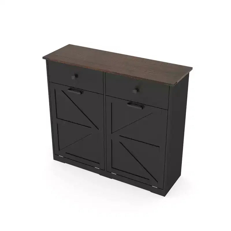 Farmhouse Double Storage Cabinet with 4 Drawers, Free Standing Cabinet, Barn Door Style Laundry Sorter Cabinet for Kitchen