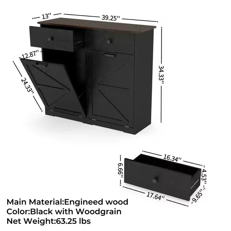 Farmhouse Double Storage Cabinet with 4 Drawers, Free Standing Cabinet, Barn Door Style Laundry Sorter Cabinet for Kitchen