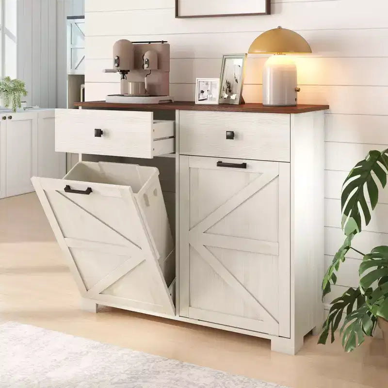Farmhouse Double Storage Cabinet with 4 Drawers, Free Standing Cabinet, Barn Door Style Laundry Sorter Cabinet for Kitchen
