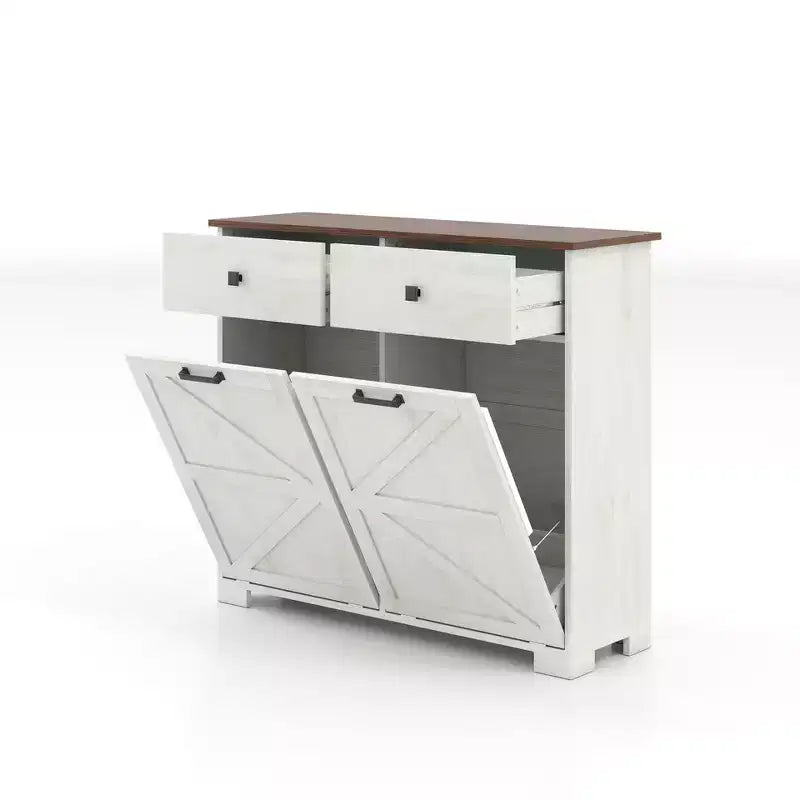 Farmhouse Double Storage Cabinet with 4 Drawers, Free Standing Cabinet, Barn Door Style Laundry Sorter Cabinet for Kitchen