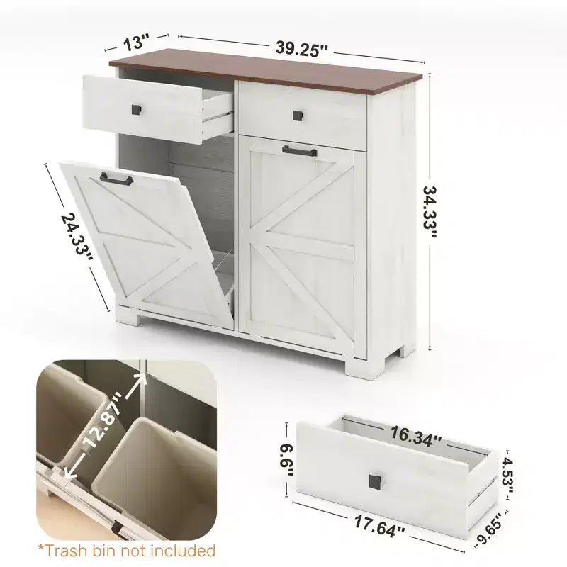 Farmhouse Double Storage Cabinet with 4 Drawers, Free Standing Cabinet, Barn Door Style Laundry Sorter Cabinet for Kitchen
