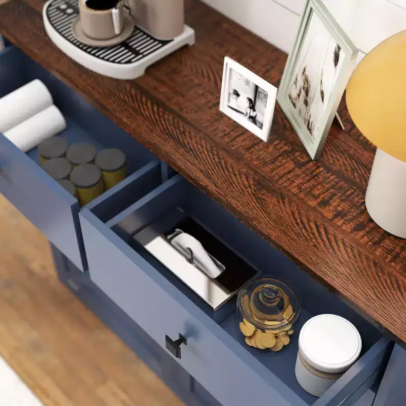 Farmhouse Double Storage Cabinet with 4 Drawers, Free Standing Cabinet, Barn Door Style Laundry Sorter Cabinet for Kitchen