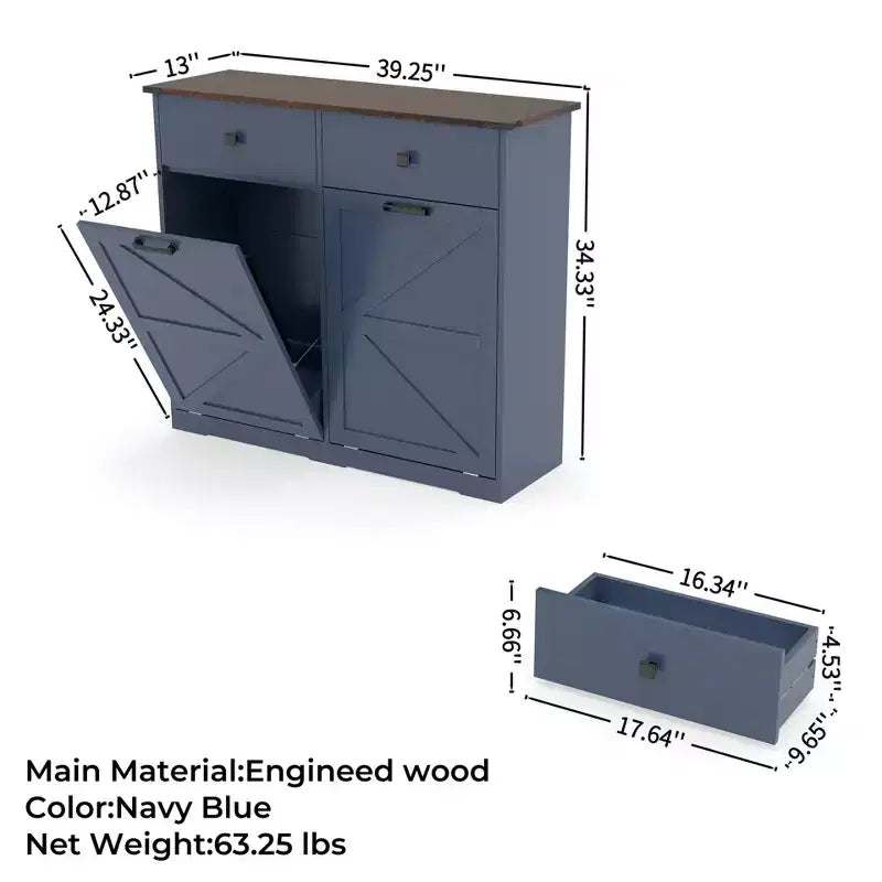 Farmhouse Double Storage Cabinet with 4 Drawers, Free Standing Cabinet, Barn Door Style Laundry Sorter Cabinet for Kitchen
