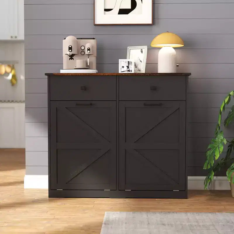 Farmhouse Double Storage Cabinet with 4 Drawers, Free Standing Cabinet, Barn Door Style Laundry Sorter Cabinet for Kitchen