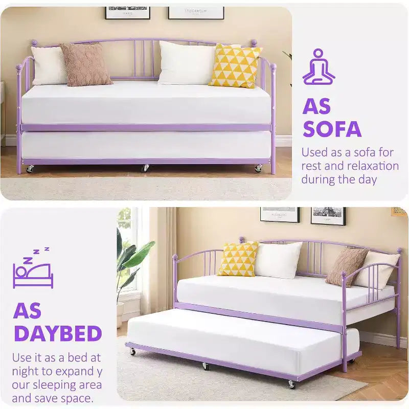 Metal Daybed with Trundle, Arched Headboard, Sofa Bed Frame for Living Room and Guest Room, Twin Size