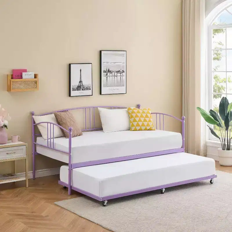 Metal Daybed with Trundle, Arched Headboard, Sofa Bed Frame for Living Room and Guest Room, Twin Size