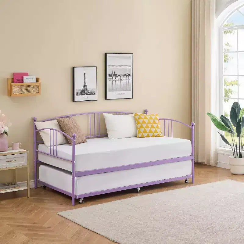 Metal Daybed with Trundle, Arched Headboard, Sofa Bed Frame for Living Room and Guest Room, Twin Size