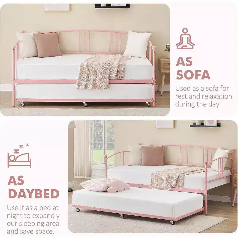 Metal Daybed with Trundle, Arched Headboard, Sofa Bed Frame for Living Room and Guest Room, Twin Size