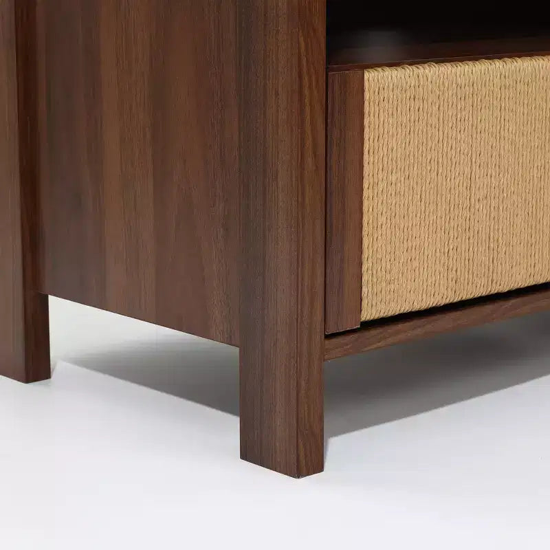 55 Walnut TV Stand for TVs up to 60, Woven Rope Door Panel, Small Media Console Cabinet with Drawer, Brown