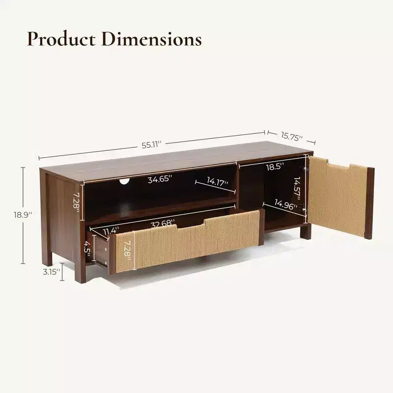 55 Walnut TV Stand for TVs up to 60, Woven Rope Door Panel, Small Media Console Cabinet with Drawer, Brown
