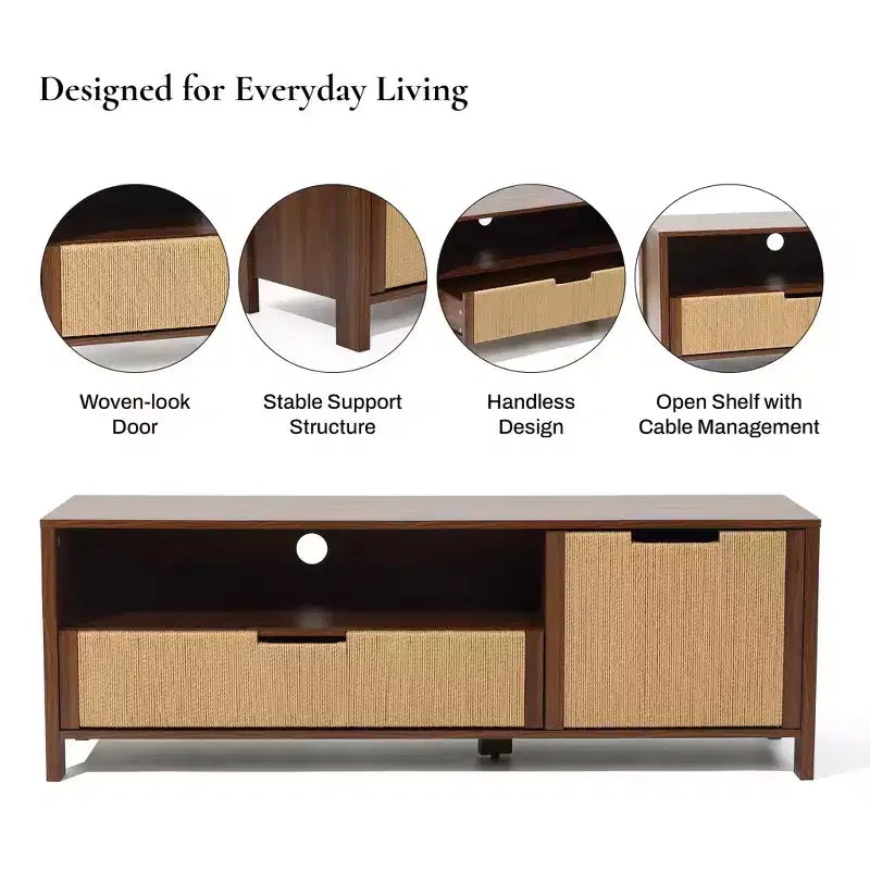 55 Walnut TV Stand for TVs up to 60, Woven Rope Door Panel, Small Media Console Cabinet with Drawer, Brown