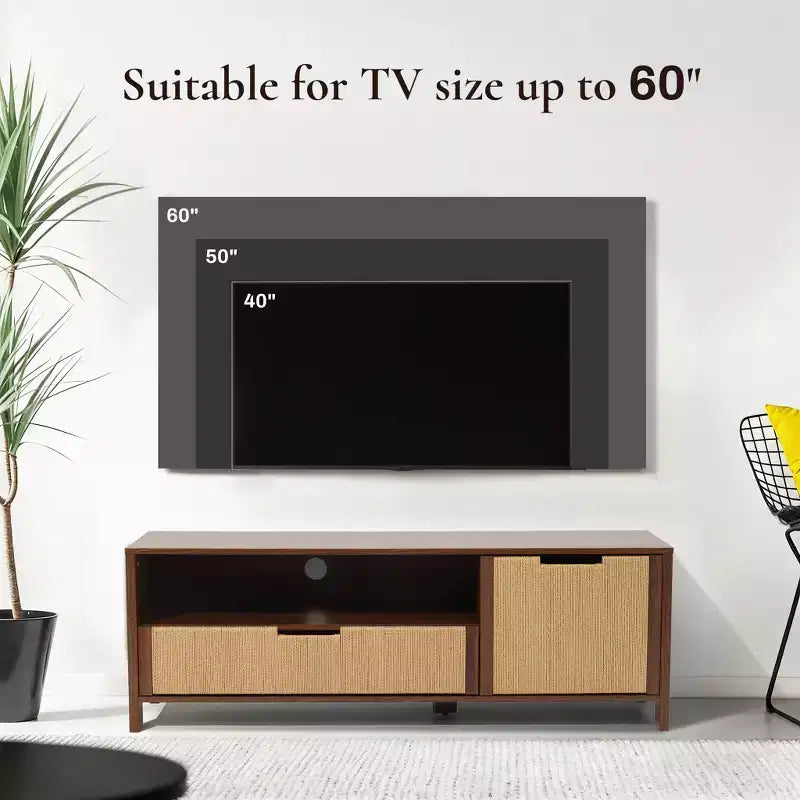 55 Walnut TV Stand for TVs up to 60, Woven Rope Door Panel, Small Media Console Cabinet with Drawer, Brown